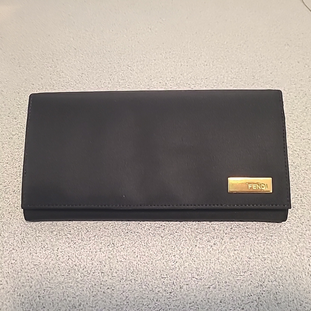 Fendi Black Leather Continental Wallet with Gold Plaque